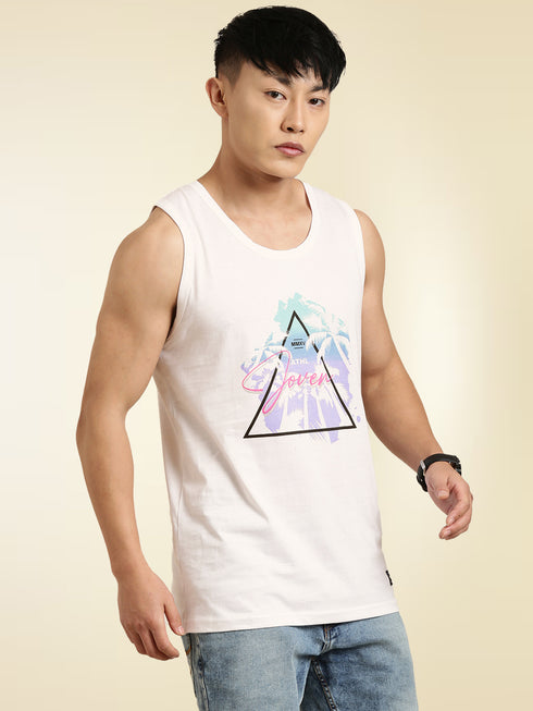 White Printed Crew Neck Tank Top